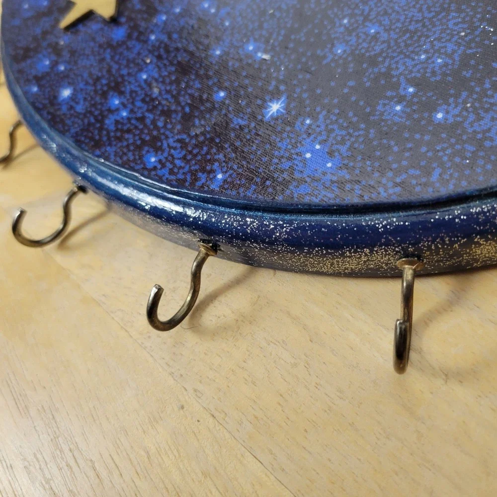 Celestial‎ Star & Moon Oval Wood Key Holder 10x8 Blue Shimmer 3D